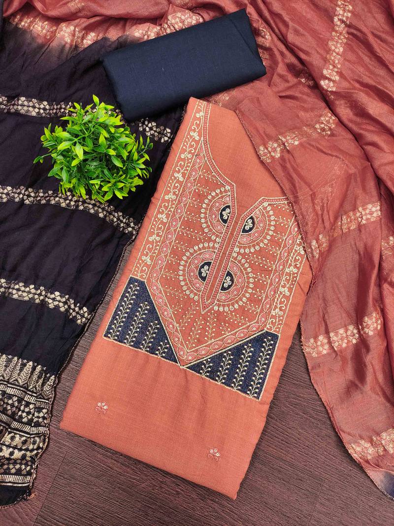 Orange cotton embroidered unstitched dressmaterials 3 pair top bottom dupptaa