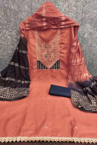 orange cotton blend embroidered unstitched dressmaterials 3 pair top bottom dupptaa