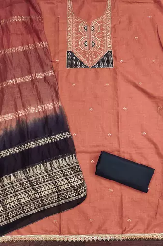 orange cotton blend embroidered unstitched dressmaterials 3 pair top bottom dupptaa