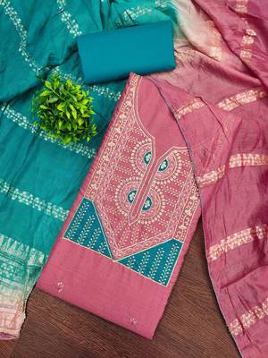 Pink cotton embroidered unstitched dressmaterials 3 pair top bottom dupptaa 1