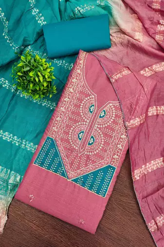 pink cotton blend embroidered unstitched dressmaterials 3 pair top bottom dupptaa