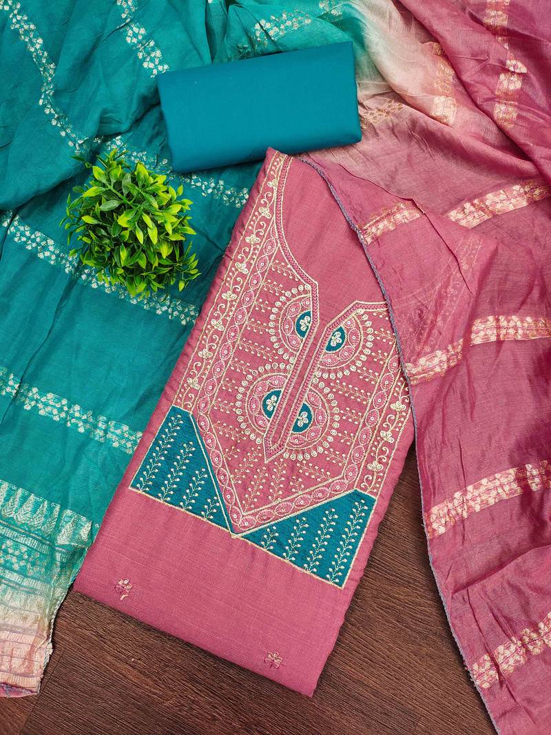Pink cotton embroidered unstitched dressmaterials 3 pair top bottom dupptaa