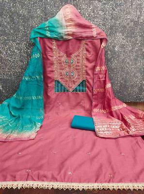 Pink cotton embroidered unstitched dressmaterials 3 pair top bottom dupptaa 2