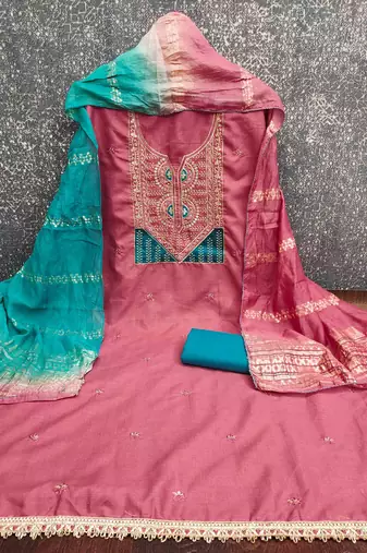 pink cotton blend embroidered unstitched dressmaterials 3 pair top bottom dupptaa