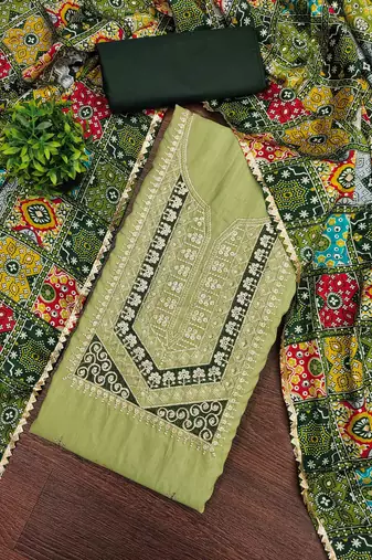 green cotton blend embroidered unstitched dressmaterials 3 pair top bottom dupptaa