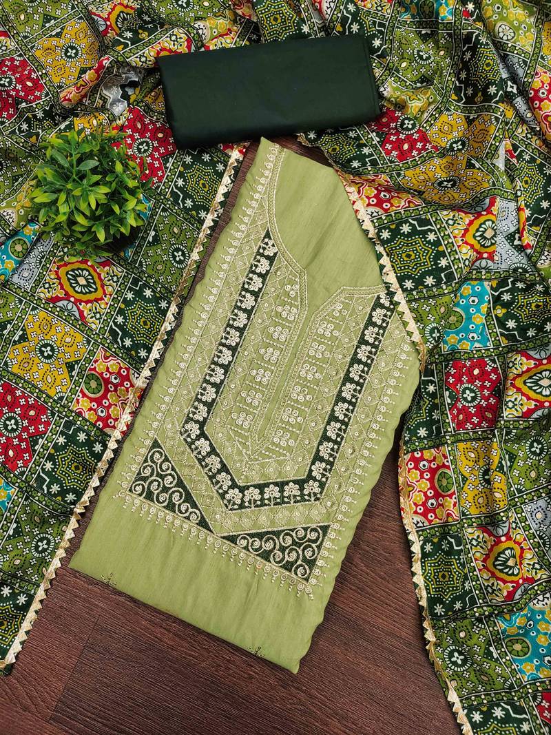 Green cotton embroidered unstitched dressmaterials 3 pair top bottom dupptaa