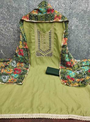 Green cotton embroidered unstitched dressmaterials 3 pair top bottom dupptaa 2