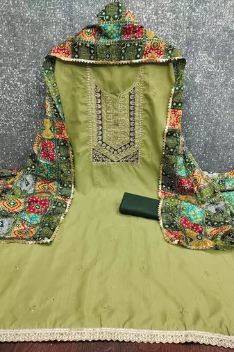 green cotton blend embroidered unstitched dressmaterials 3 pair top bottom dupptaa
