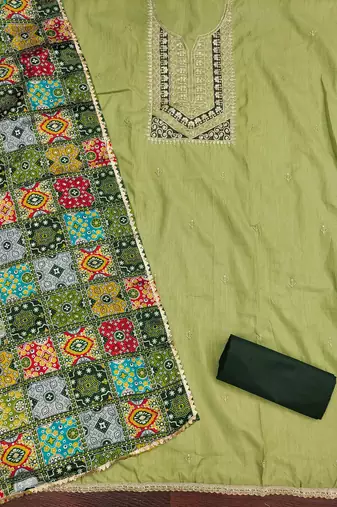 green cotton blend embroidered unstitched dressmaterials 3 pair top bottom dupptaa