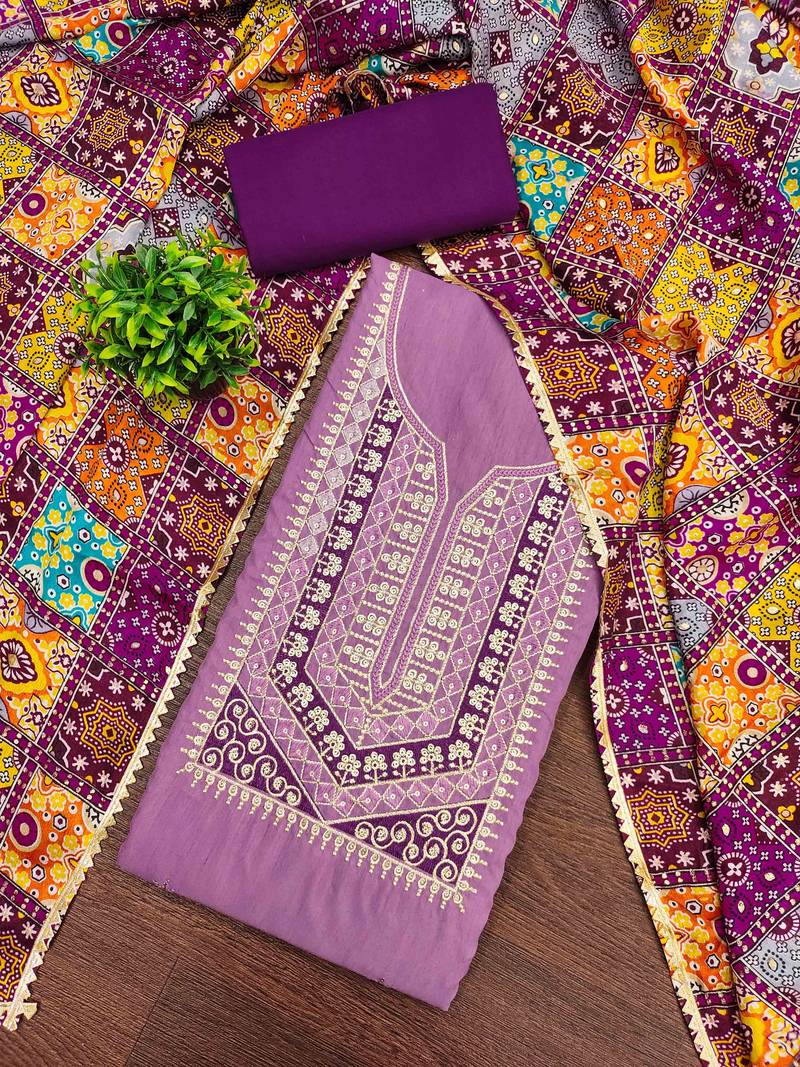 Lavender cotton embroidered unstitched dressmaterials 3 pair top bottom dupptaa
