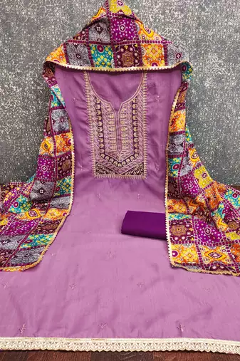 lavender cotton blend embroidered unstitched dressmaterials 3 pair top bottom dupptaa