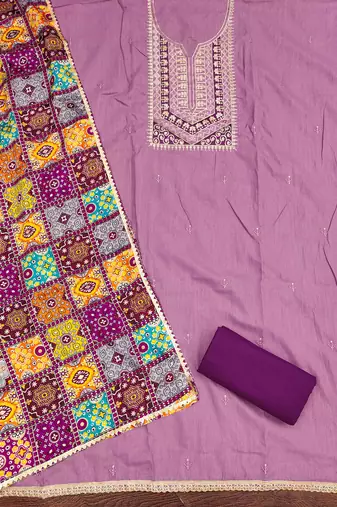 lavender cotton blend embroidered unstitched dressmaterials 3 pair top bottom dupptaa