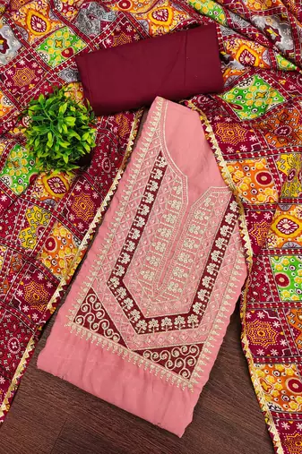 maroon cotton blend embroidered unstitched dressmaterials 3 pair top bottom dupptaa