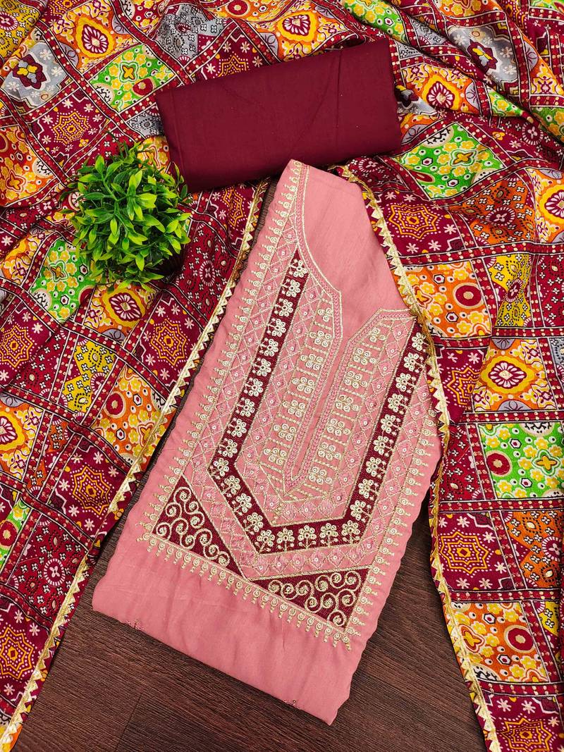 Maroon cotton embroidered unstitched dressmaterials 3 pair top bottom dupptaa