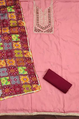 maroon cotton blend embroidered unstitched dressmaterials 3 pair top bottom dupptaa