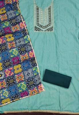 Sky cotton embroidered unstitched dressmaterials 3 pair top bottom dupptaa 3