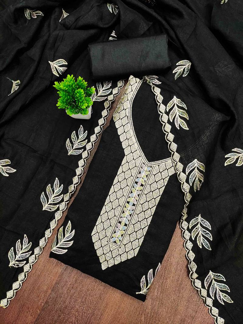 Black silk embroidered unstitched dressmaterials 3 pair top bottom dupptaa