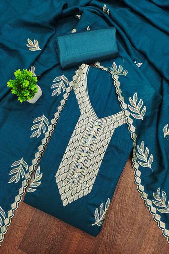 blue silk blend embroidered unstitched dressmaterials 3 pair top bottom dupptaa