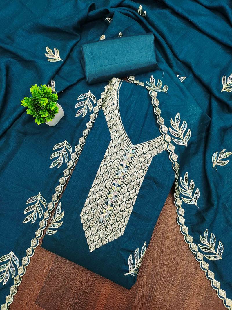 Blue silk embroidered unstitched dressmaterials 3 pair top bottom dupptaa