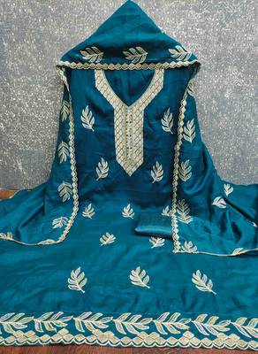 Blue silk embroidered unstitched dressmaterials 3 pair top bottom dupptaa 2