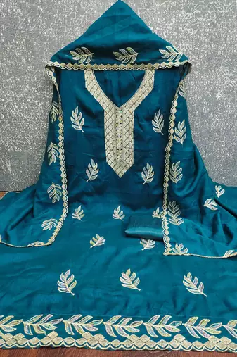 blue silk blend embroidered unstitched dressmaterials 3 pair top bottom dupptaa