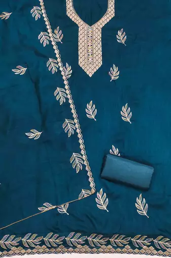 blue silk blend embroidered unstitched dressmaterials 3 pair top bottom dupptaa