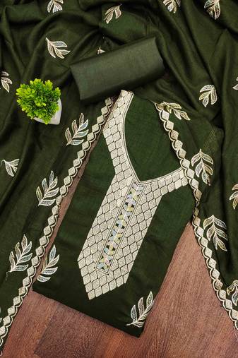 sea green silk blend embroidered unstitched dressmaterials 3 pair top bottom dupptaa