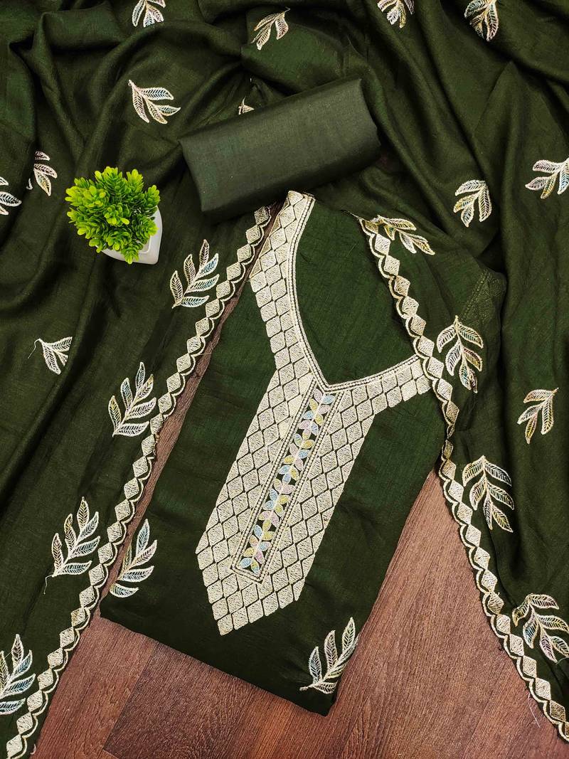 Sea green silk embroidered unstitched dressmaterials 3 pair top bottom dupptaa