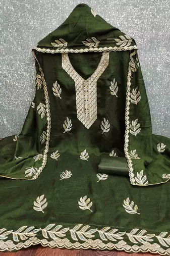 sea green silk blend embroidered unstitched dressmaterials 3 pair top bottom dupptaa