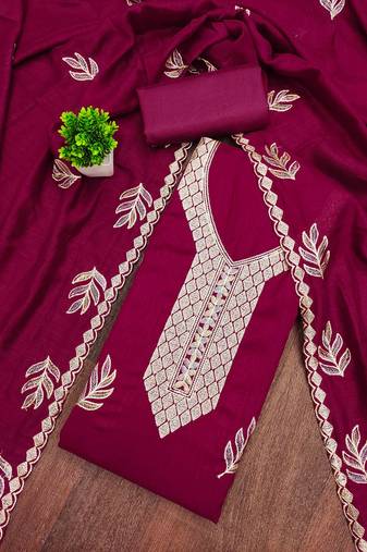 pink silk blend embroidered unstitched dressmaterials 3 pair top bottom dupptaa