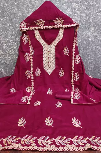 pink silk blend embroidered unstitched dressmaterials 3 pair top bottom dupptaa