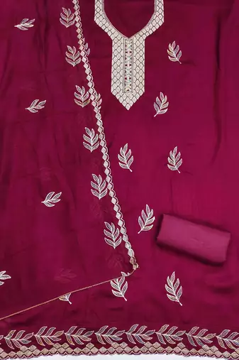 pink silk blend embroidered unstitched dressmaterials 3 pair top bottom dupptaa