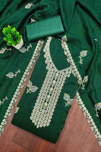 green silk blend embroidered unstitched dressmaterials 3 pair top bottom dupptaa