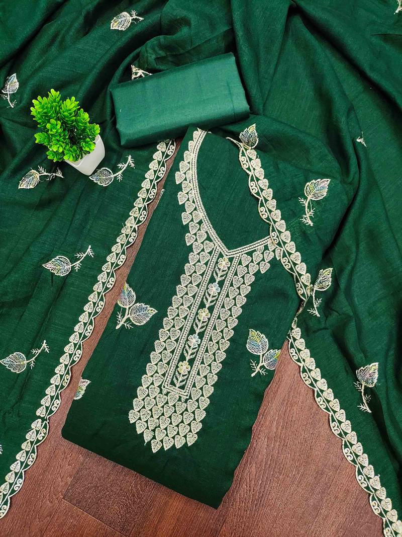 Green silk embroidered unstitched dressmaterials 3 pair top bottom dupptaa