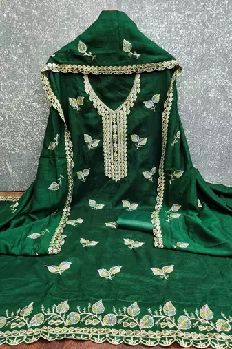 green silk blend embroidered unstitched dressmaterials 3 pair top bottom dupptaa