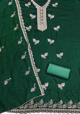 Green silk embroidered unstitched dressmaterials 3 pair top bottom dupptaa 4