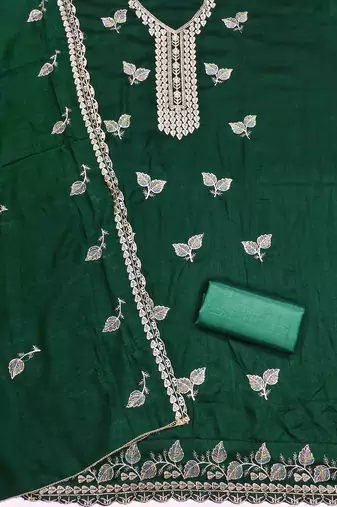 green silk blend embroidered unstitched dressmaterials 3 pair top bottom dupptaa
