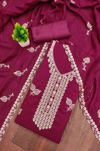 pink silk blend embroidered unstitched dressmaterials 3 pair top bottom dupptaa