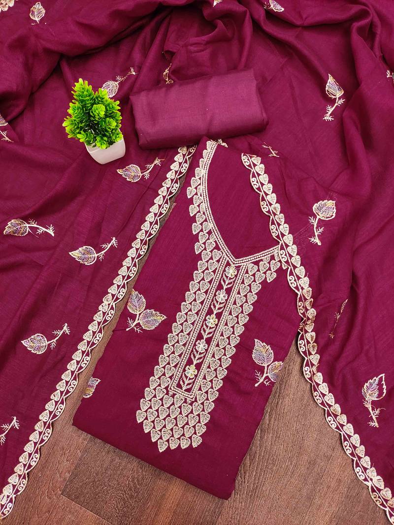 Pink silk embroidered unstitched dressmaterials 3 pair top bottom dupptaa
