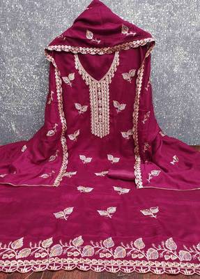 Pink silk embroidered unstitched dressmaterials 3 pair top bottom dupptaa 2