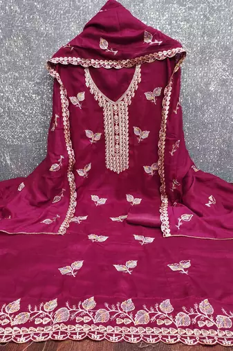 pink silk blend embroidered unstitched dressmaterials 3 pair top bottom dupptaa