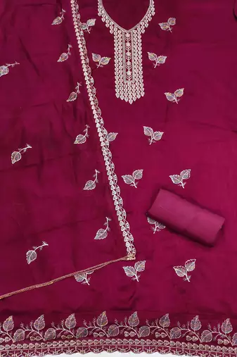 pink silk blend embroidered unstitched dressmaterials 3 pair top bottom dupptaa
