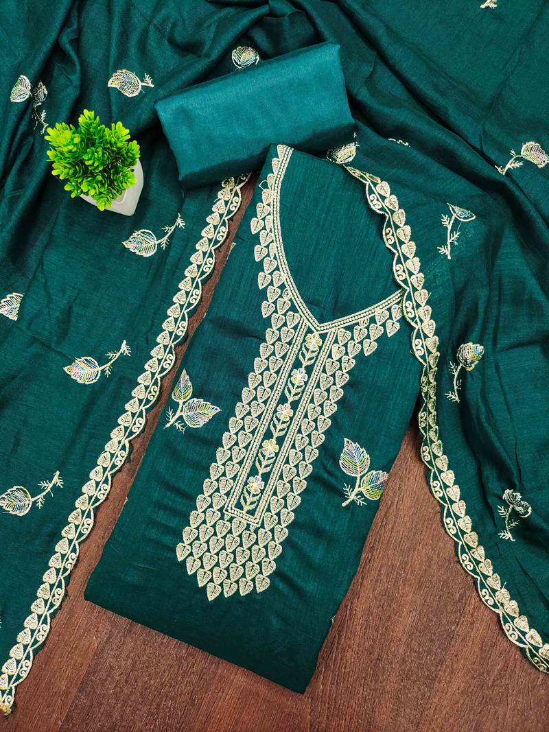Indigo silk embroidered unstitched dressmaterials 3 pair top bottom dupptaa
