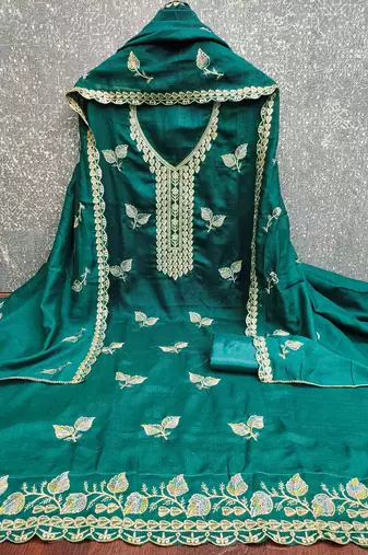 indigo silk blend embroidered unstitched dressmaterials 3 pair top bottom dupptaa