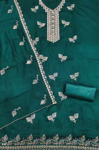 indigo silk blend embroidered unstitched dressmaterials 3 pair top bottom dupptaa