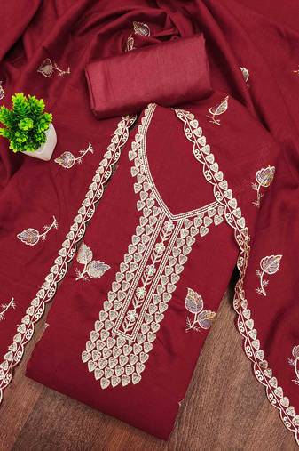 red silk blend embroidered unstitched dressmaterials 3 pair top bottom dupptaa