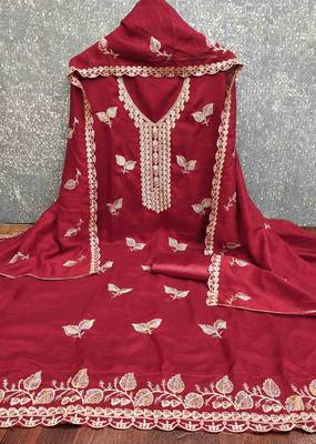 Red silk embroidered unstitched dressmaterials 3 pair top bottom dupptaa 2