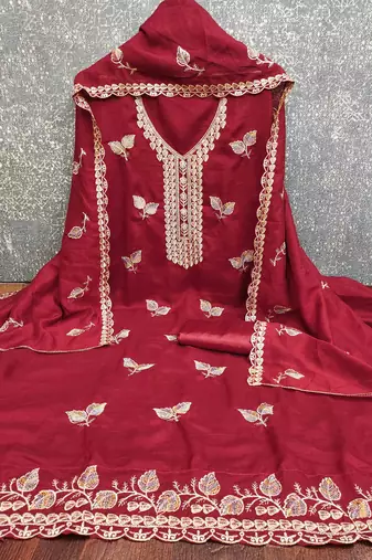 red silk blend embroidered unstitched dressmaterials 3 pair top bottom dupptaa