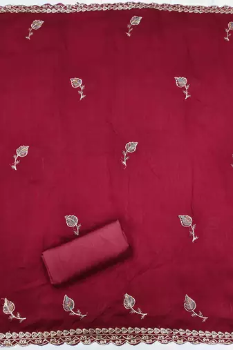 red silk blend embroidered unstitched dressmaterials 3 pair top bottom dupptaa