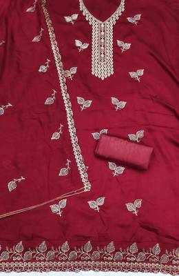 Red silk embroidered unstitched dressmaterials 3 pair top bottom dupptaa 4